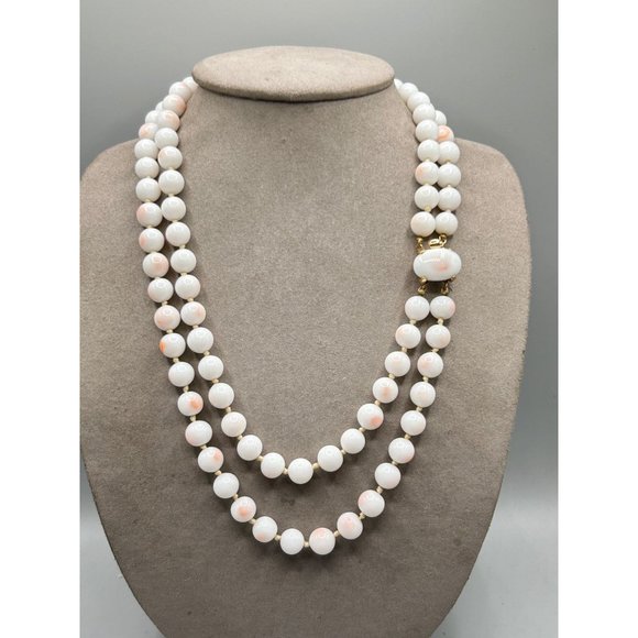 Signed TRIFARI Faux Angel Skin Coral Necklace Glass Beads Hand Knotted Strand - Picture 7 of 13